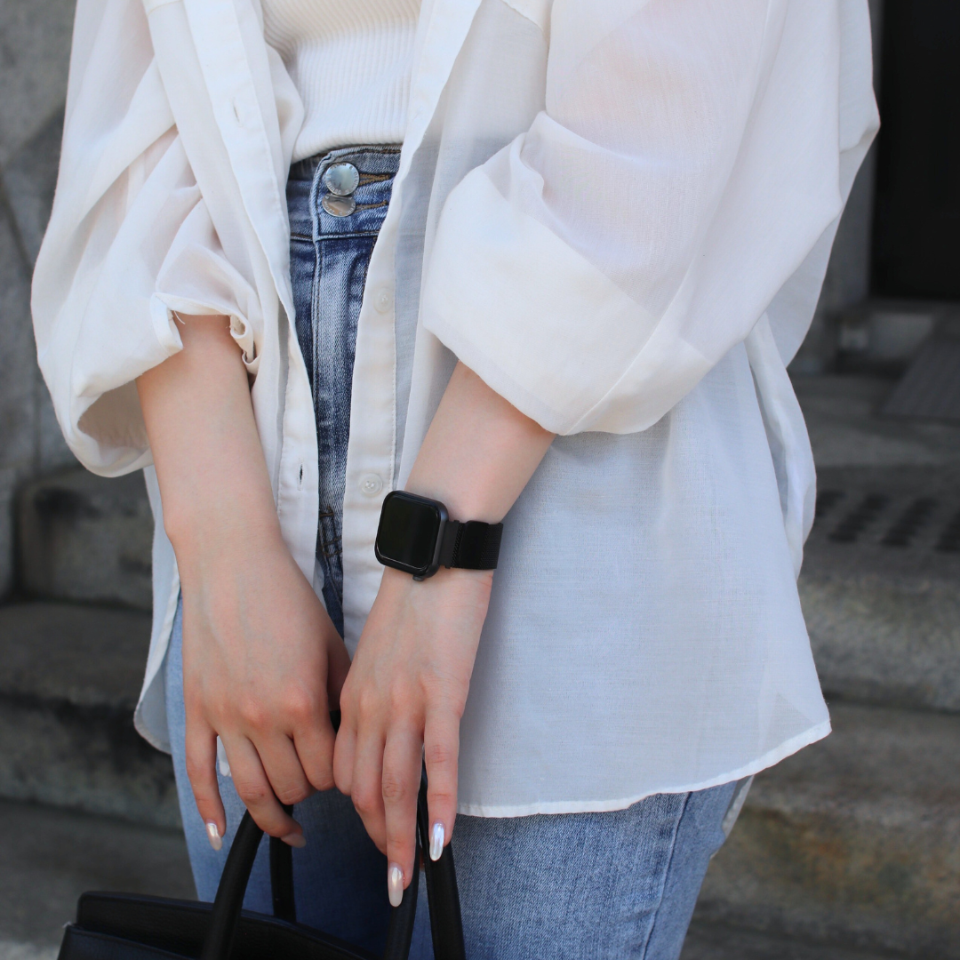 EE03 スマートウォッチ ブラックxステンレスメッシュブラック  BK M BKマグネット式 ミラネーゼループ ベルト幅20mm