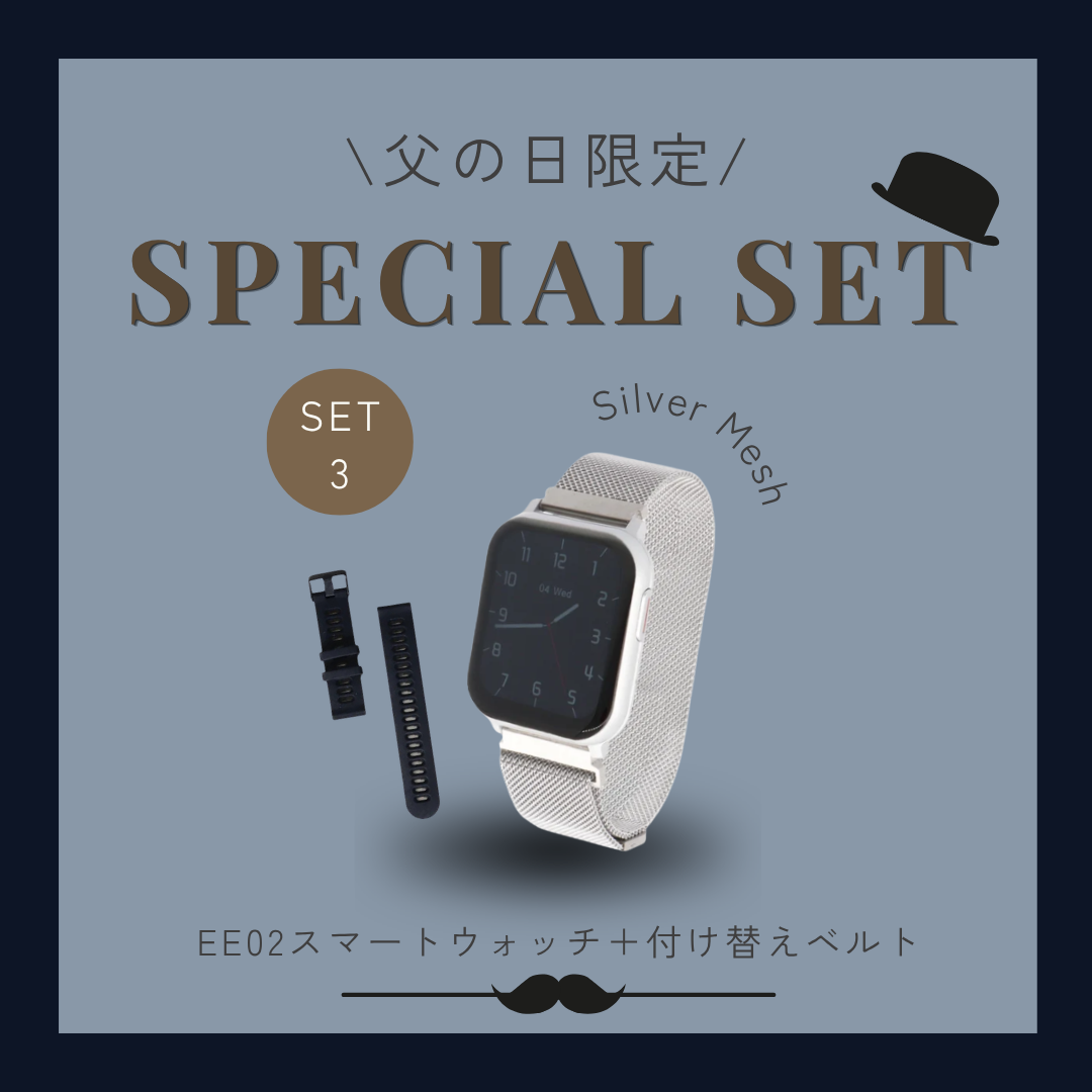 【父の日ギフトセット】EE02シルバーステンレスメッシュベルト × シリコンベルト(ブラック)