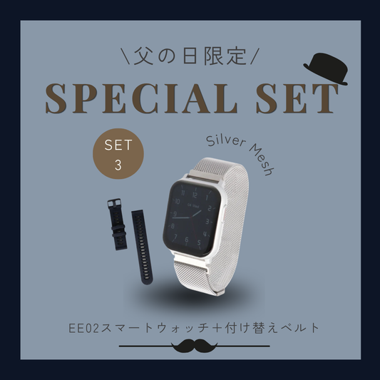 【父の日ギフトセット】EE02シルバーステンレスメッシュベルト × シリコンベルト(ブラック)