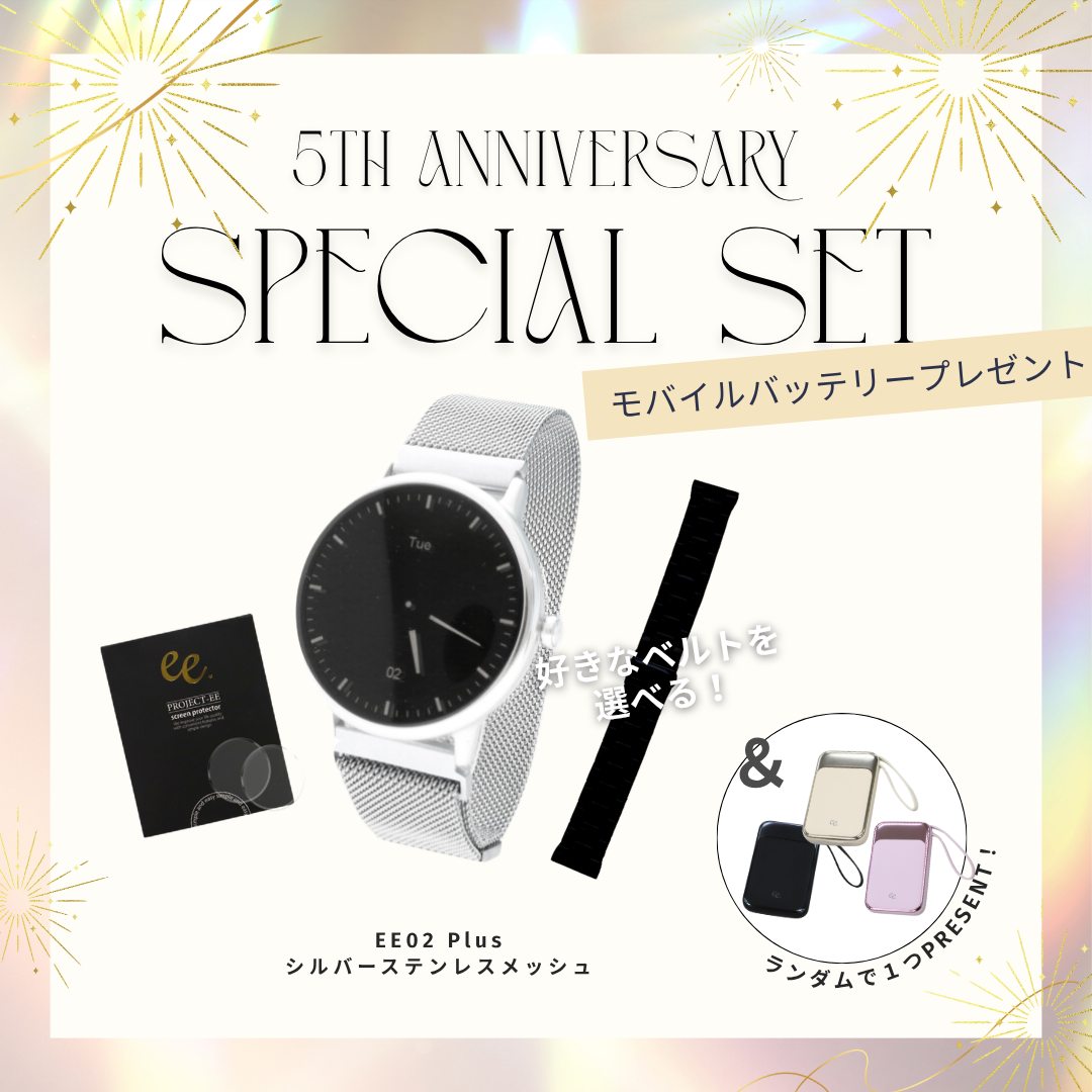 【５周年スペシャルセット】EE02 Plus シルバーステンレスメッシュベルト＋お好みのベルト＋保護フィルム≪バッテリープレゼント≫