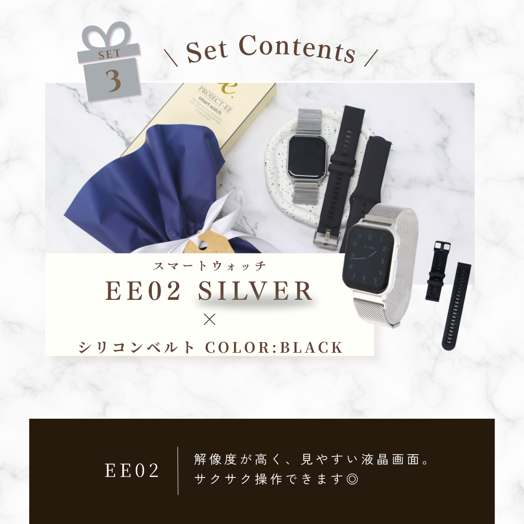 【父の日ギフトセット】EE02シルバーステンレスメッシュベルト × シリコンベルト(ブラック)