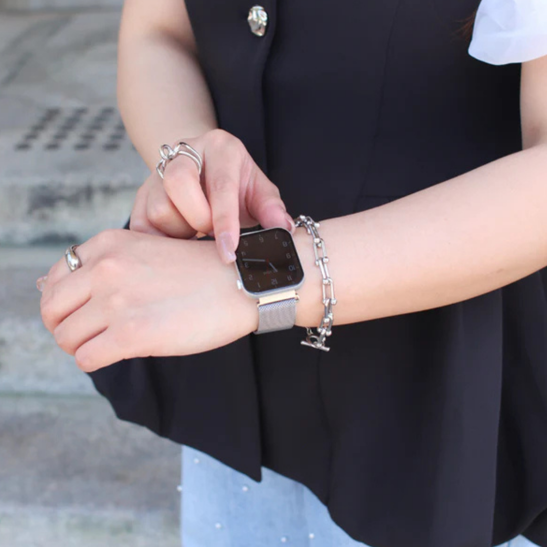 【クリスマスセット】EE03 シルバーステンレスメッシュベルト＋ステッチレザーベルトGray＋保護フィルム